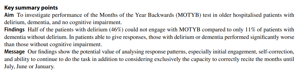 A_MacLullich's tweet photo. 💠 Months backwards is widely done to assess for possible #delirium.

🧠 New study - delirium likely if:

   ⭐ Inability to engage at all
   ⭐ Cannot start at December
   ⭐ Cannot get  beyond December 

🔗 OPEN ACCESS https://t.co/oAIn8HghLu https://t.co/FRrPEis9X6
