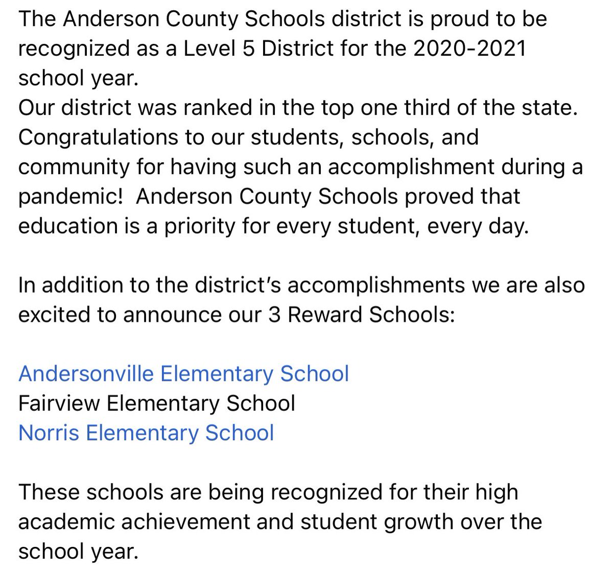 Huge Announcement!!! ACS is a Level 5 District! Also, we had 3 Reward Schools: <a href="/AES_Tigers/">Andersonville Elem</a>, <a href="/FESpanthers/">Fairview Elementary</a>, and <a href="/NorrisOwls/">Norris Elementary</a>