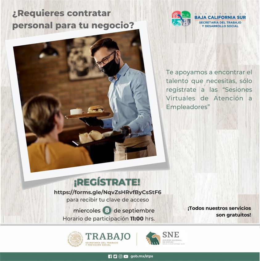 STDS_BCS's tweet photo. La @STDS_BCS  a través del @SNE_BCS , te invita este 8 de septiembre a las ⏱ 11:00 horas a su Sesión Virtual de Atención a Empleadores para conocer los servicios de reclutamiento de talento disponibles para ti.
Regístrate en: https://t.co/FIbDMUi01D https://t.co/41QfVDgbQl