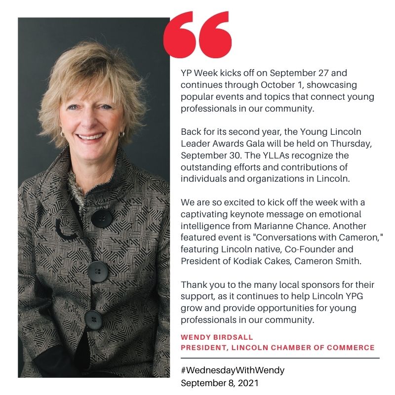 LincolnChamber's tweet photo. We are so proud of @LincolnYPG, which has grown into one of the largest YP groups in the country! YP Week kicks off on September 27, and this annual event celebrates the young professionals who make their mark on Lincoln. #WednesdayWithWendy
Learn more: https://t.co/kRpzc6FxEQ https://t.co/lX6Xt1gDfN