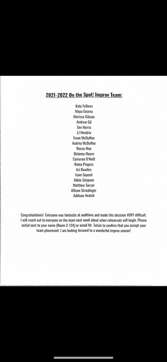 Here’s your 2021-22 Improv Team! Thank you to everyone who auditioned. You all were amazing!