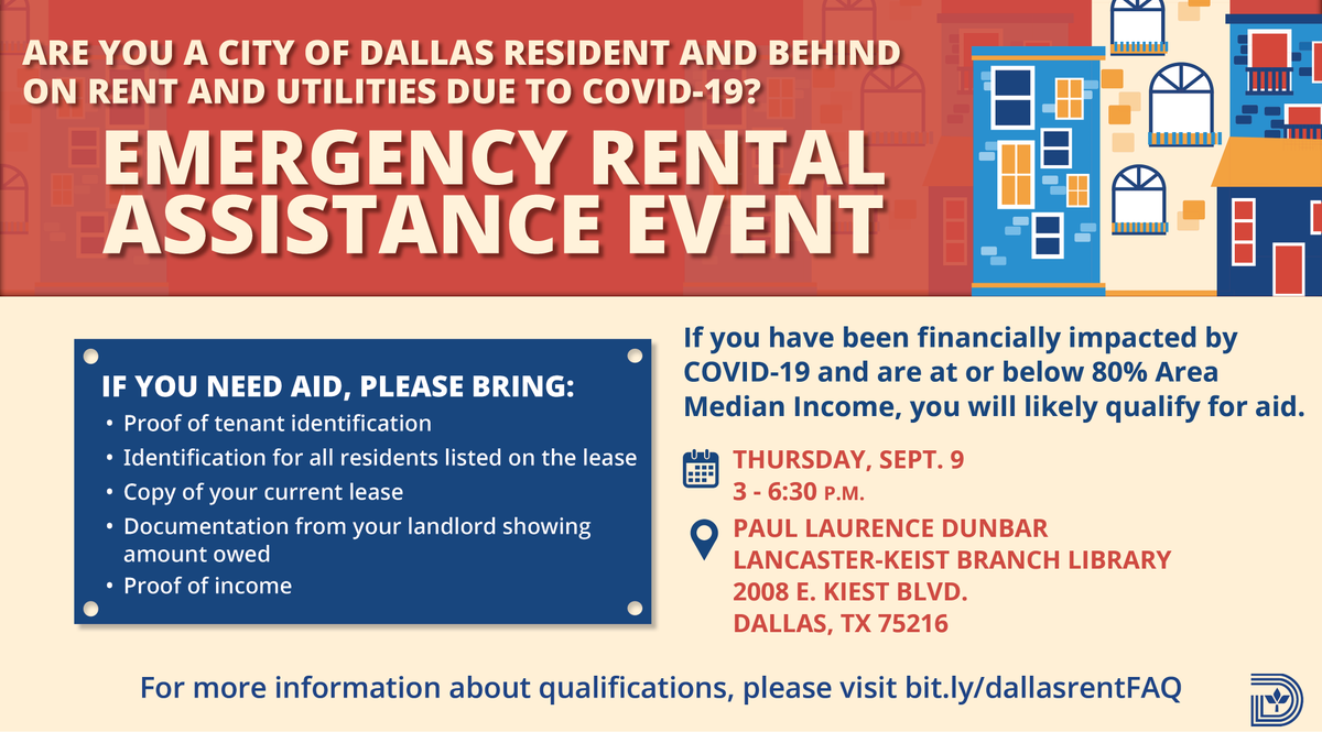 CityOfDallas's tweet photo. If you need help making rent or utility payments, the City of Dallas can help! You’re invited to attend an informational event on Sept. 9 to learn all about your options. https://t.co/XIha4Y0Ahz