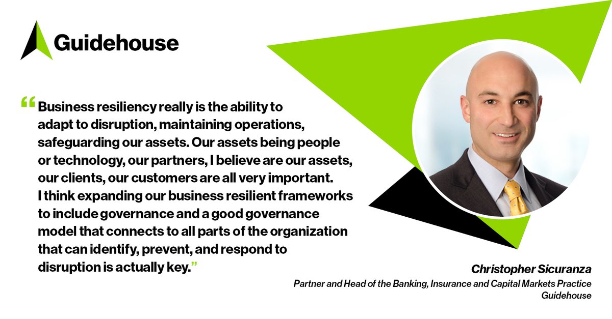 In a recent <a href="/Guidehouse/">Guidehouse</a> and <a href="/AmerBanker/">American Banker</a> webinar, #GuidehouseExpert Christopher Sicuranza discussed the importance of building strong #businessresilient frameworks to safeguard assets. Watch the recording here: guidehou.se/37d4Rqs