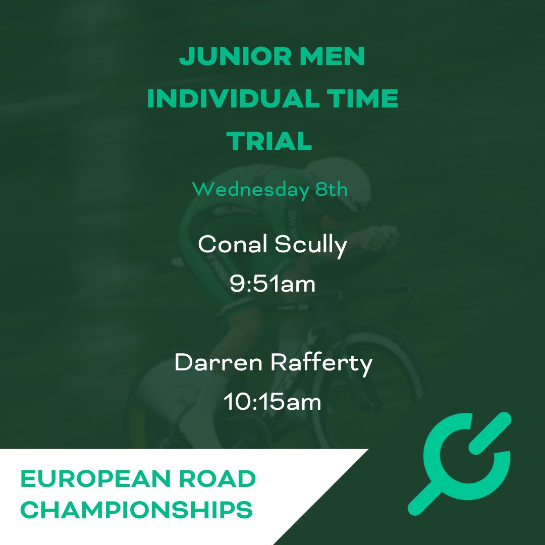 Team Ireland are all set for #EuroRoad21 💪🏻

The European Road Championships gets underway tomorrow with the Junior Men’s Individual Time Trial. Conal Scully starts at 9:15am while Darren Rafferty will set off at 10:15 Irish time.

Let’s go Team Ireland ☘️