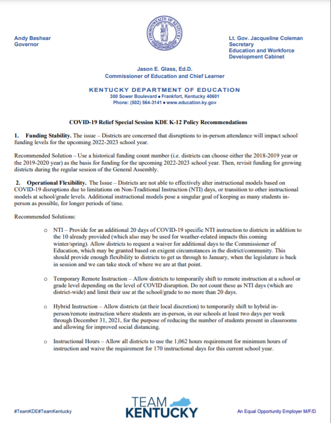 .@kydeptofed has been working w/legislative leaders to suggest solutions to help our districts get through the surge as safely while keeping as many students in school as possible. We have significant concerns about SB 1. Here is what should be included: bit.ly/KDERecommendat…