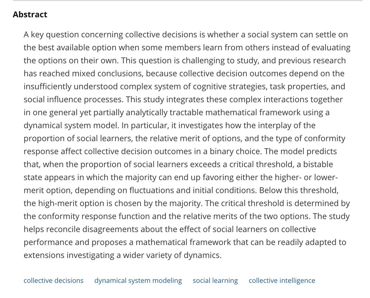 "This paper develops a simple yet general mathematical framework [that] predicts a critical threshold for the proportion of social learners, above which an option may prevail regardless of its merit."

ICYMI, here's an SFI-led paper on precisely when the herd mentality fails: