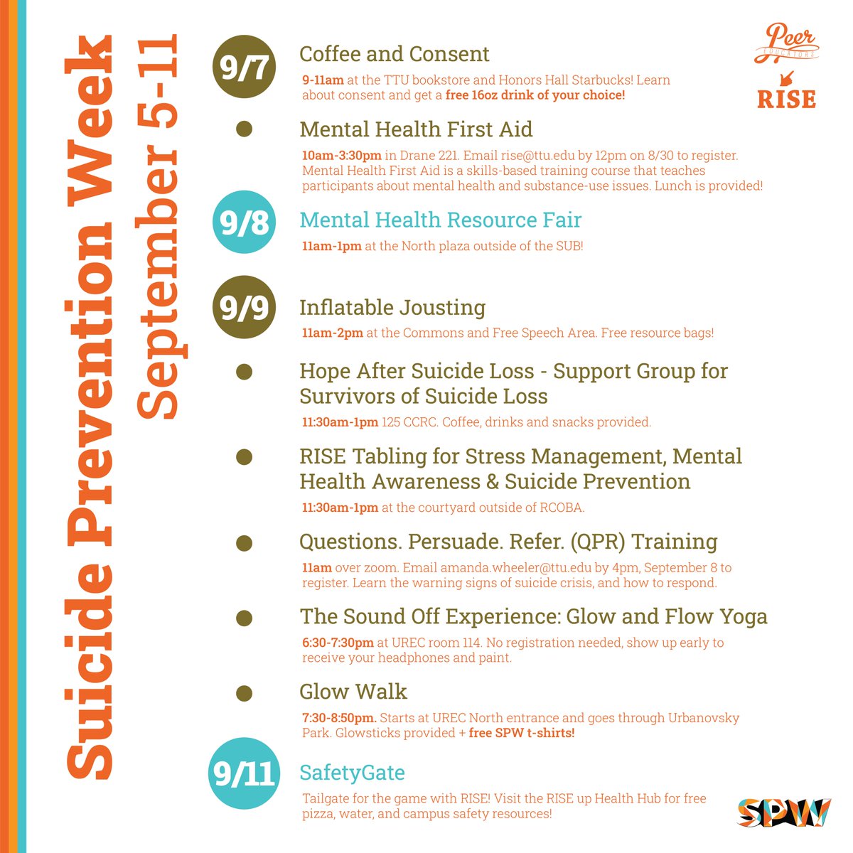 TexasTech's tweet photo. Join @TTURISE and our campus partners at all of the free events on campus for Suicide Prevention Week! 🌟 #ttuspw #tturise https://t.co/8HqTBlxFkj