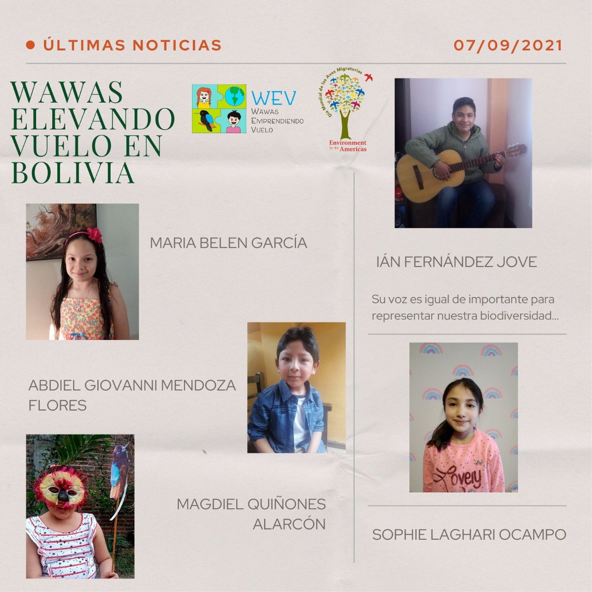 WVuelo's tweet photo. Estamos felices de presentarles a nuestros ganadores del concurso Wawas Elevando el Vuelo en Bolivia 🇧🇴 
Estas 9 wawitas serán voz y representación de nuestro país en el Día Mundial de las Aves Migratorias 📆🐦
#WEV
#WawasEnVuelo
#DMAM2021
#singflysoar 
#bolivia https://t.co/XpD2jYRlvp