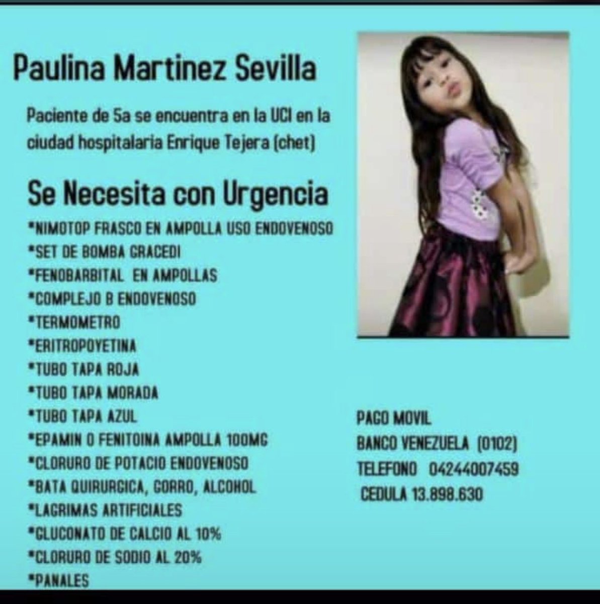 Ayudemos a la Princesa Paulina tiene 5 añitos se encuentra en la UCI de la CHET🙏🏻 <a href="/dcabellor/">Diosdado Cabello R</a> @PlasenciaFelix <a href="/jaarreaza/">Jorge Arreaza M</a> <a href="/rafaellacava10/">Rafael Lacava</a>