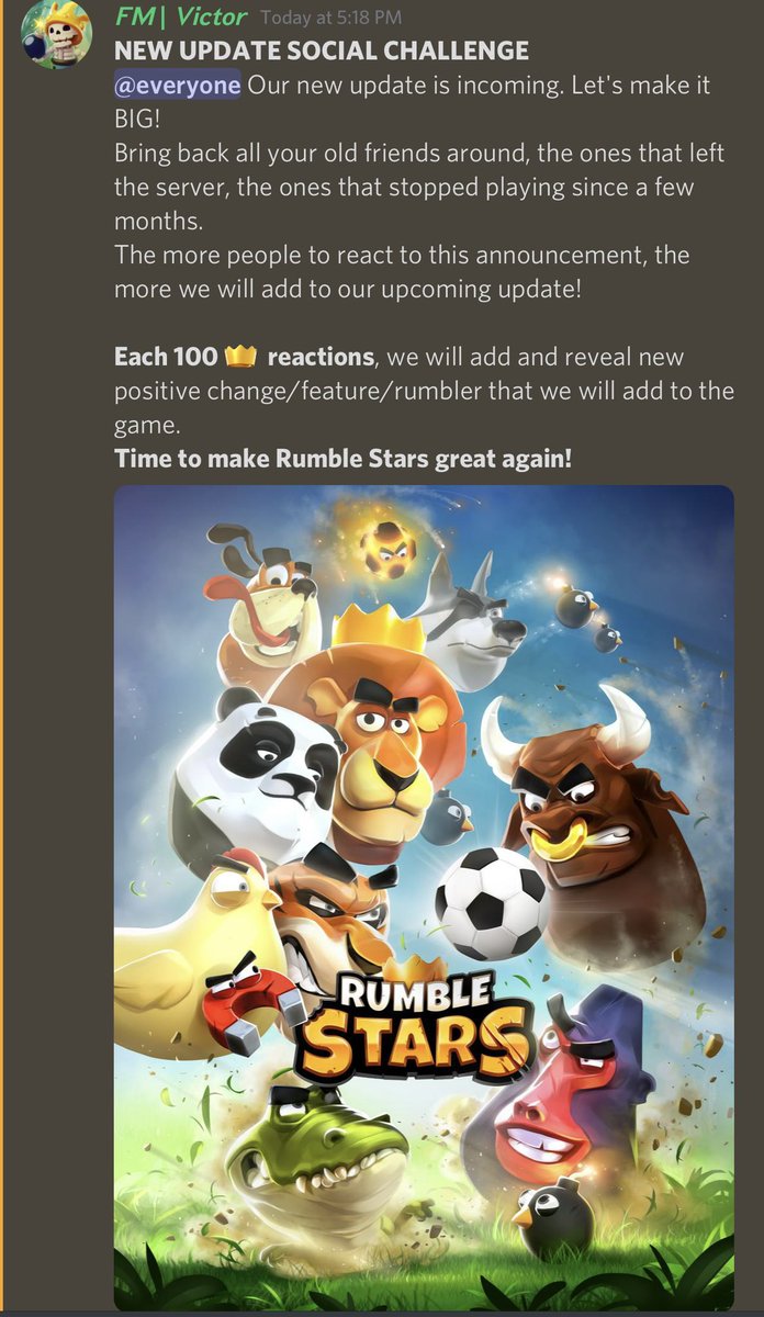 Our new #update is incoming. Let's make it BIG!
The more people to react to this announcement on our #Discord, the more content and new Rumblers we will add to our upcoming update!

Join the fun: discord.gg/rumblestars