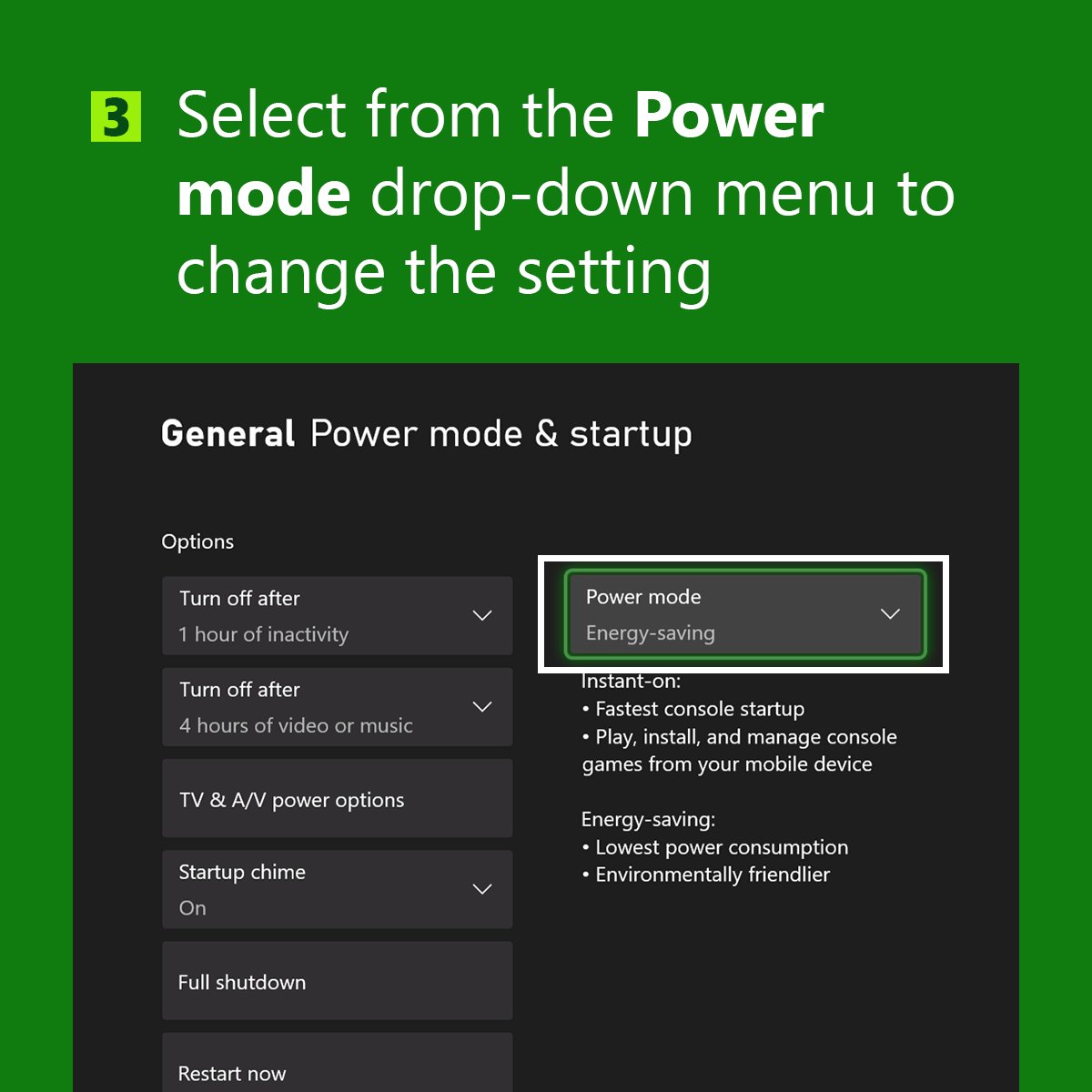 Text: Select from the Power mode drop-down menu to change the setting
Image: Partial screenshot of the Power mode & startup menu with the "Power mode" drop-down menu highlighted