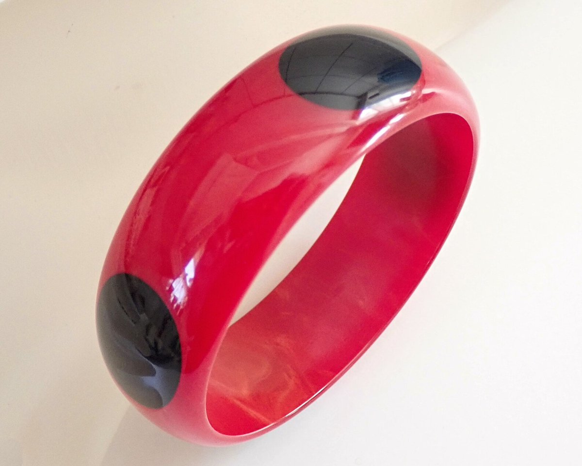 Vintage Art Deco Cherry Red Bakelite Black Polka Dot Bangle Bracelet 🐞 etsy.me/3DW1xPS GrandVintageFinery