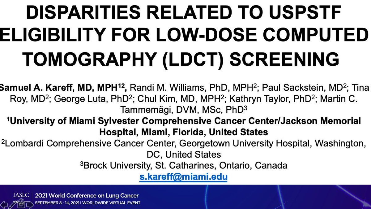 Thanks @IASLC for hosting our research (and granting a #WCLC21 #EarlyCareerAward) related to #LungCancerScreening disparities! We found that women were significantly excluded from previous guidelines at our center. Here's to greater #inclusivity with risk-based modeling #LCSM