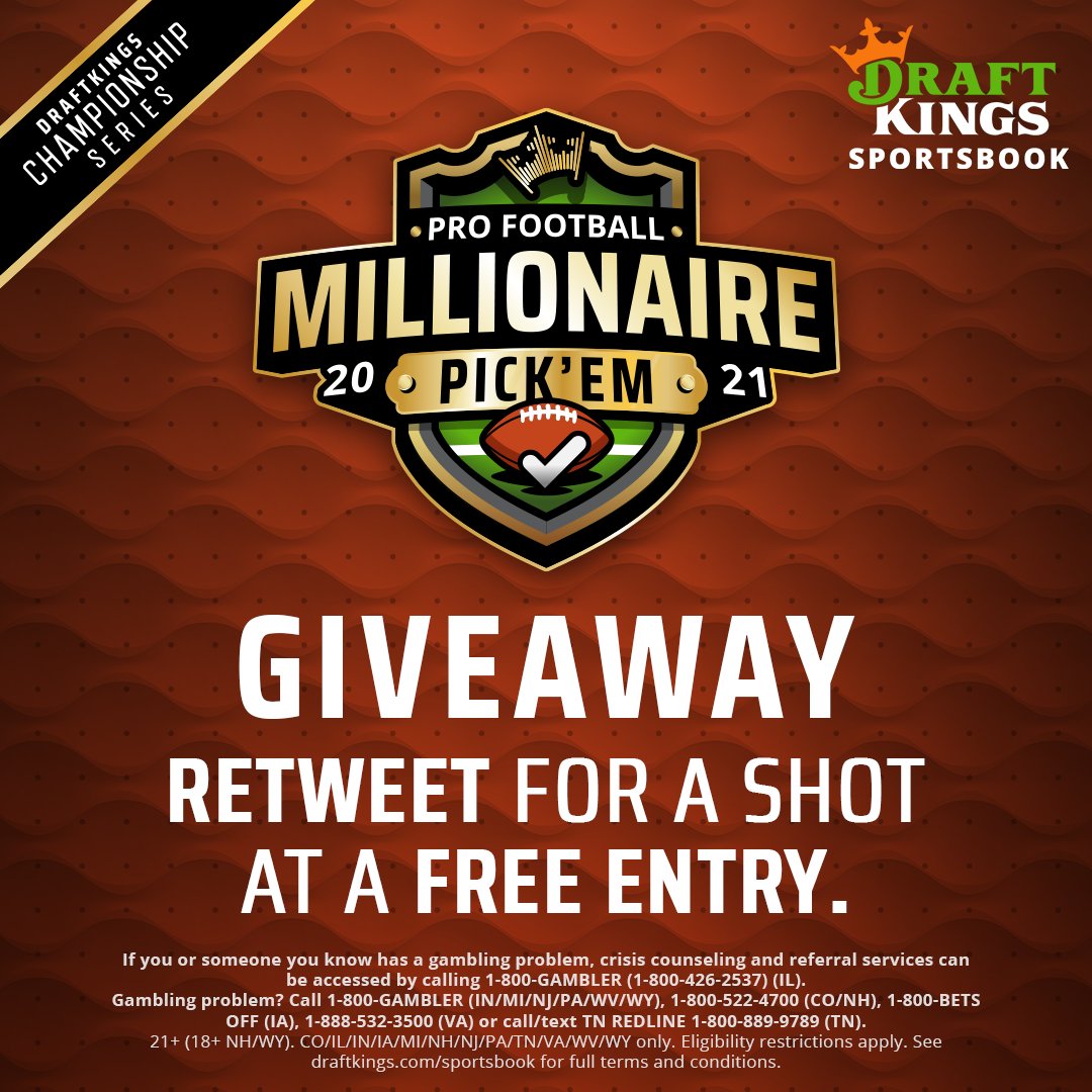 DKSports's tweet photo. 🚨PICK 'EM GIVEAWAY🚨

We're giving away another FREE entry into the 2021 Pro Football Millionaire Pick 'Em? Simply...

1. Follow @DKSportsbook.
2. Retweet this.

Terms &amp; Conditions apply, ends Thursday: https://t.co/JOBXcr7PUc https://t.co/c7qdlmZBZH