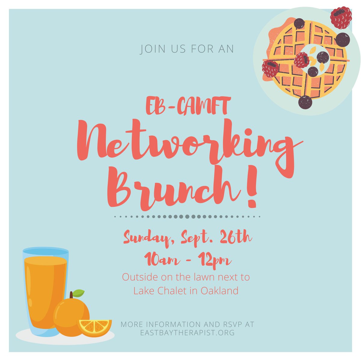 Get to know your fellow East Bay CAMFT members in a casual, fun environment, and feel free to invite colleagues who would like more information about our chapter.  Please visit our website eastbaytherapist.org for details and to RSVP.