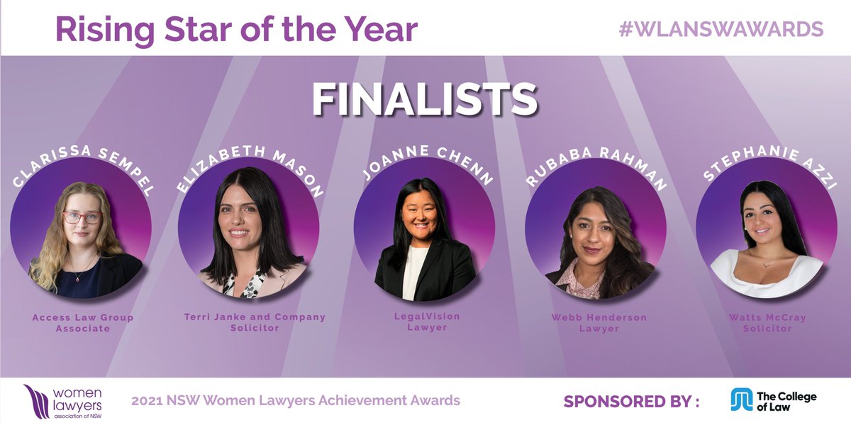 Congratulations to our finalists for the Rising Star of the Year, sponsored by <a href="/collawaust/">collawaust</a>.

The winner for this award will be announced on Thursday 23 September.

womenlawyersnsw.org.au/2021-awards-fi…

#WLANSWAWARDS #lawyers #womenlawyers #womeninlaw #nswlawyers #awards #finalists #risingstar