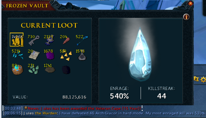 Unretired to try arch-glacor! Hung out with some old RS friends, got pet and claimed 15 year cape, fun evening! :)