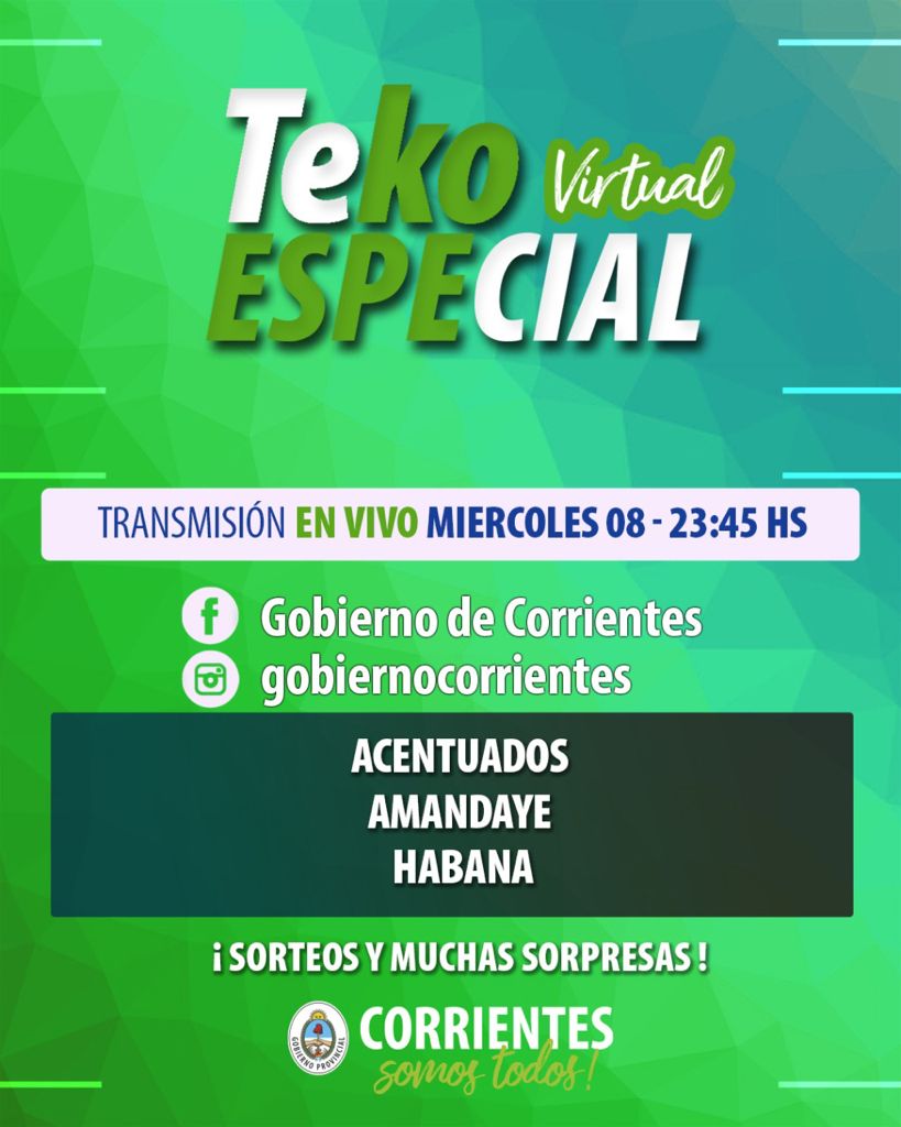 Vuelve lo mejor de Teko Chamamé y Corrientes Cumbia, vuelve el #TekoVirtualEspecial 🤯💯 

Este miércoles 8, desde las 23.45, te esperamos con buena música, invitados de lujo y muchas sorpresas. Seguinos por las redes oficiales del <a href="/CorrientesGob/">Gobierno de Corrientes</a> y <a href="/telenordctes/">Telenord Corrientes</a>  💃🎼