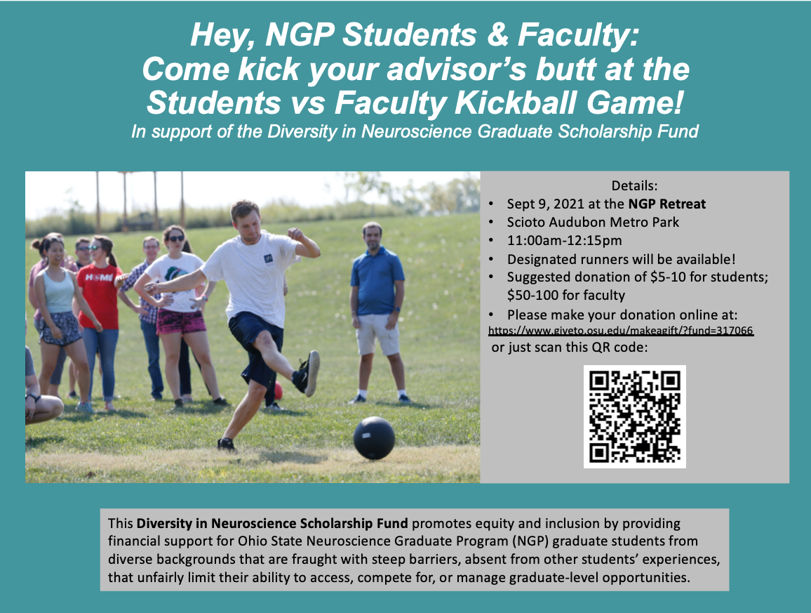 RBarrientosLab's tweet photo. Hey @OhioStateNGP Faculty: Bring your A-game to the NGP retreat faculty vs student kickball game Thursday! 📣We can't let the students win! We have a reputation to establish💪and a Diversity in Neuroscience scholarship fund to raise $ for! @colevonderhaar @neuroadipo @LeunerLab https://t.co/1CKcKSUzo9