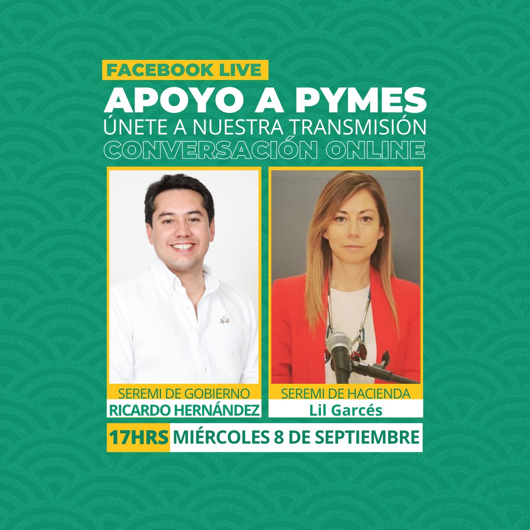 📣Atención #Pymes.
❗️Los invitamos a participar mañana miércoles 8 de septiembre en Facebook Live a las 17 horas.
✅ La seremi de Hacienda,Lil Garcés junto a su par de Segegob, Ricardo Hernández, darán a conocer los bonos y apoyos vigentes para las #Pymes. #Bonovariable