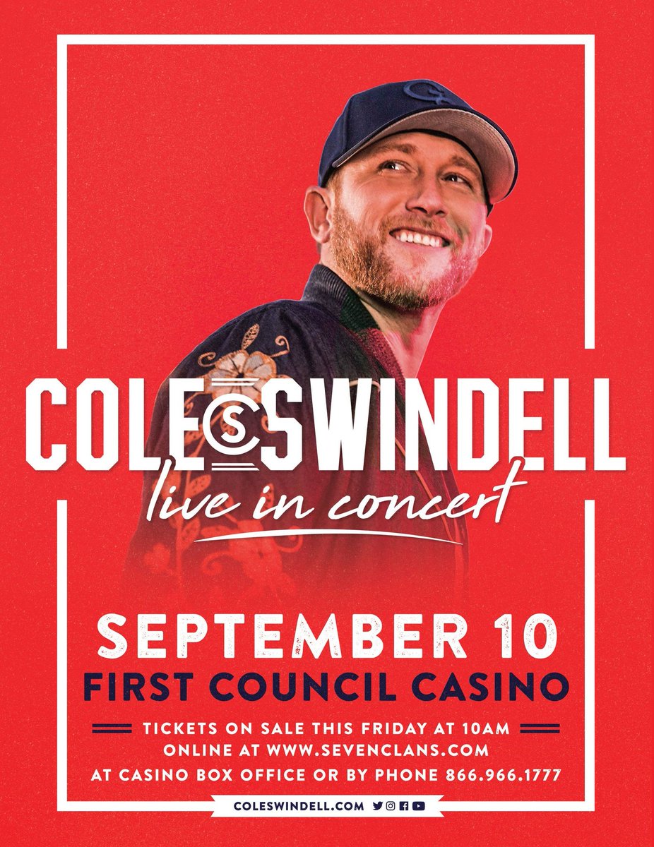 Don't miss <a href="/coleswindell/">Cole Swindell</a>  LIVE in concert at <a href="/7ClansCasinos/">7 Clans Casinos</a> in Newkirk, OK this Friday, September 10th! Reserved &amp; VIP seats here: bit.ly/ColeSwindell7C…