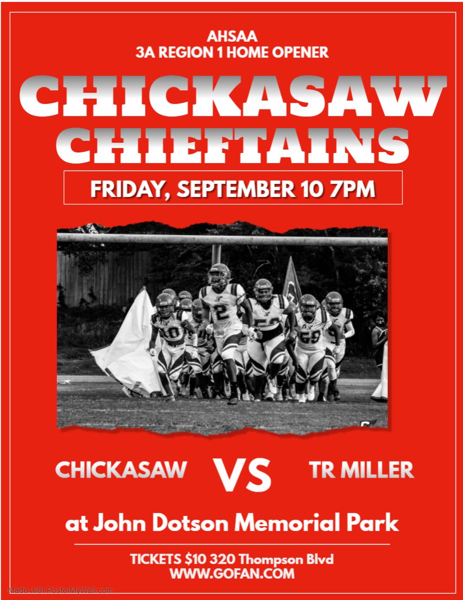 TR Miller at Chickasaw. 9/10 at 7pm John Dotson Memorial Park #SharpenTheSaw <a href="/ChickasawF/">Chickasaw High Football</a> <a href="/1055wnsp/">105.5 WNSP</a> <a href="/BenThomasPreps/">Ben Thomas</a> <a href="/AHSAAUpdates/">AHSAA</a> <a href="/aldotcomPreps/">AL.com H.S. Sports</a>