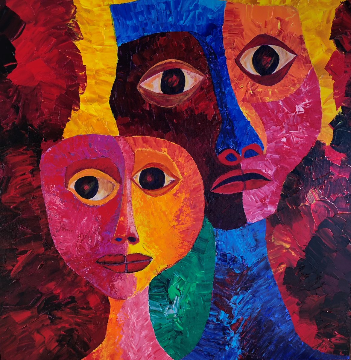 Akhtarbad's tweet image. New painting: Acrylic on canvas 24x24 inches.  Reflecting struggle women are going through right now. They are bearing the brunt of the pandemic. This painting pays homage to their struggles.
#womensempowerment #purposemindset #akhtarbadshaharts