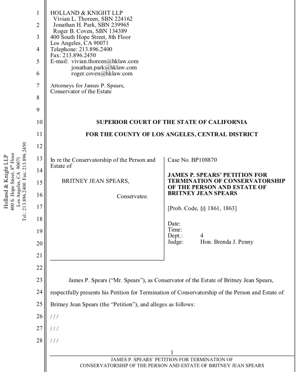 notedyourhonor's tweet photo. 🚨🚨 BREAKING: JAMES P. SPEARS’ PETITION FOR TERMINATION OF CONSERVATORSHIP OF THE PERSON AND ESTATE OF BRITNEY JEAN SPEARS🚨 🚨 #FREEBRITNEY https://t.co/8t5q7dBSqY