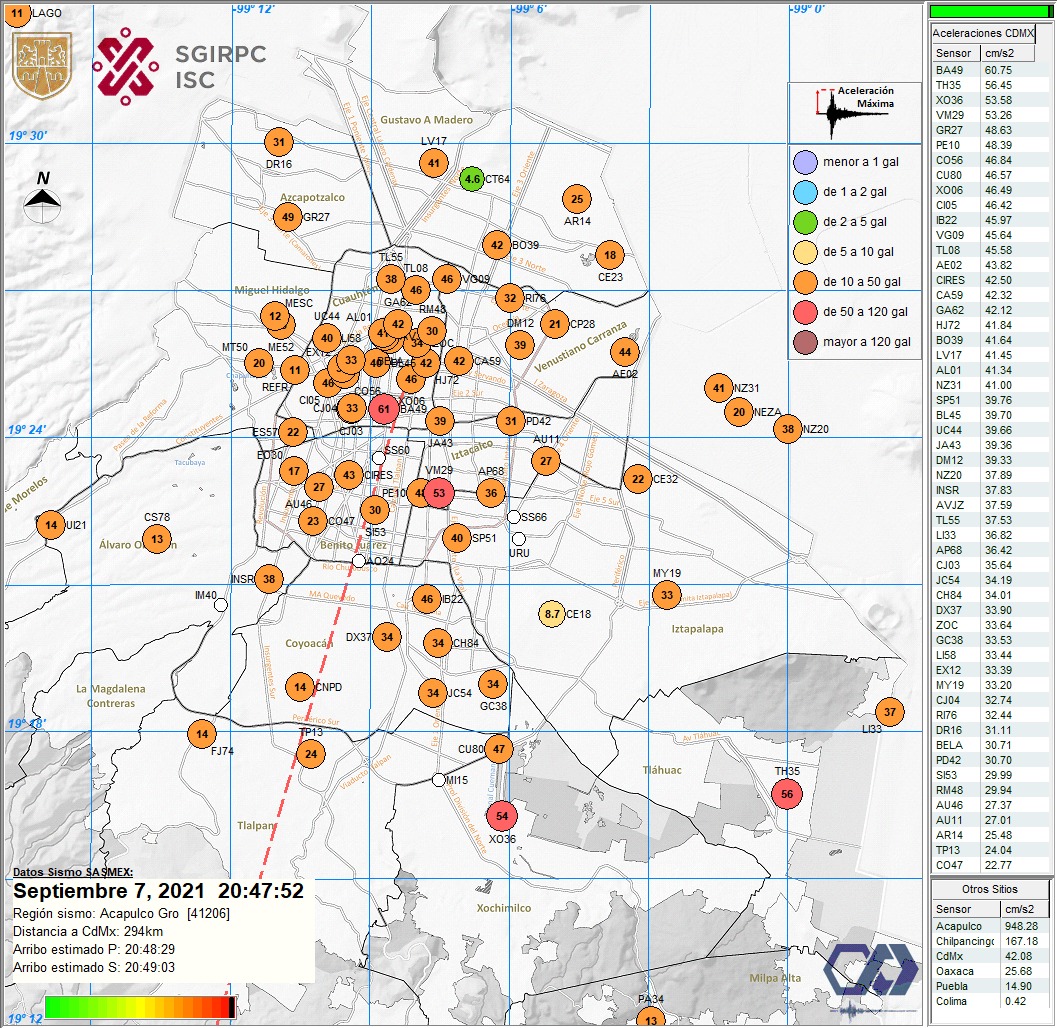 Este es el mapa de intensidades registradas de la Red Acelerográfica de #CDMX (<a href="/RedSismicaRACM/">RegistroSísmico RACM</a>).
La intensidad es una medida que ayuda a saber cómo se manifiestó un sismo en cada ubicación, y tomar decisiones a partir de protocolos de seguridad estructural.
Crédito: <a href="/SGIRPC_CDMX/">Secretaría de Gestión Integral de Riesgos y PC</a>