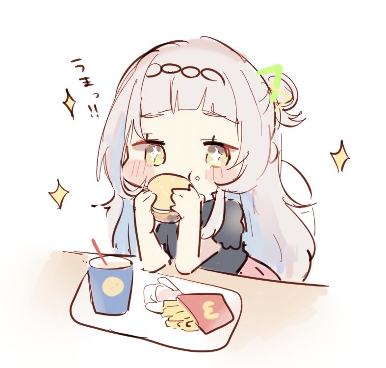 murasaki shion 1girl food solo french fries long hair eating grey hair  illustration images