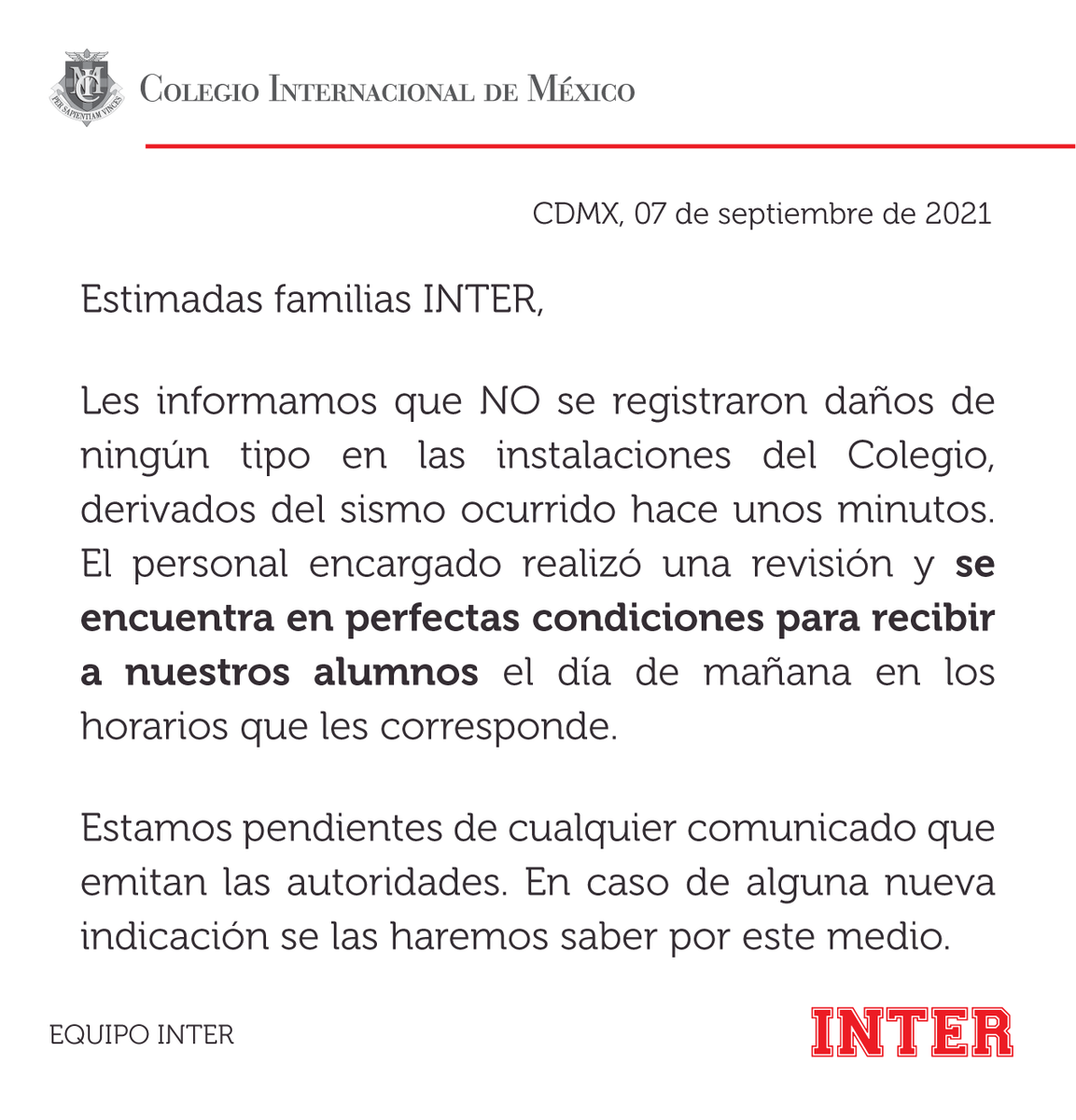 ColeInterMx's tweet photo. Las actividades del día de mañana se mantienen sin cambio. ¡Buenas noches, #ComunidadInter! https://t.co/OgFh11djN3