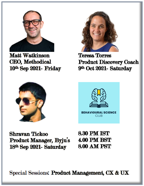BehSciClub's tweet photo. !Special sessions!
๐๐ก๐จ ๐ฌ๐ก๐จ๐ฎ๐ฅ๐ ๐ฃ๐จ๐ข๐ง? #ProductManagers, #UX #UI #CX professionals, #Marketers, #Entrepreneurs, Aspiring Leaders, #BehaviouralScientists / Enthusiasts
๐๐ก๐๐ซ๐? https://t.co/gQ6rw3N8HW
๐๐ก๐๐ง? Multiple days | 8.30 PM IST | 4 PM BST | 10 AM CT https://t.co/V1x9mLuzJ1