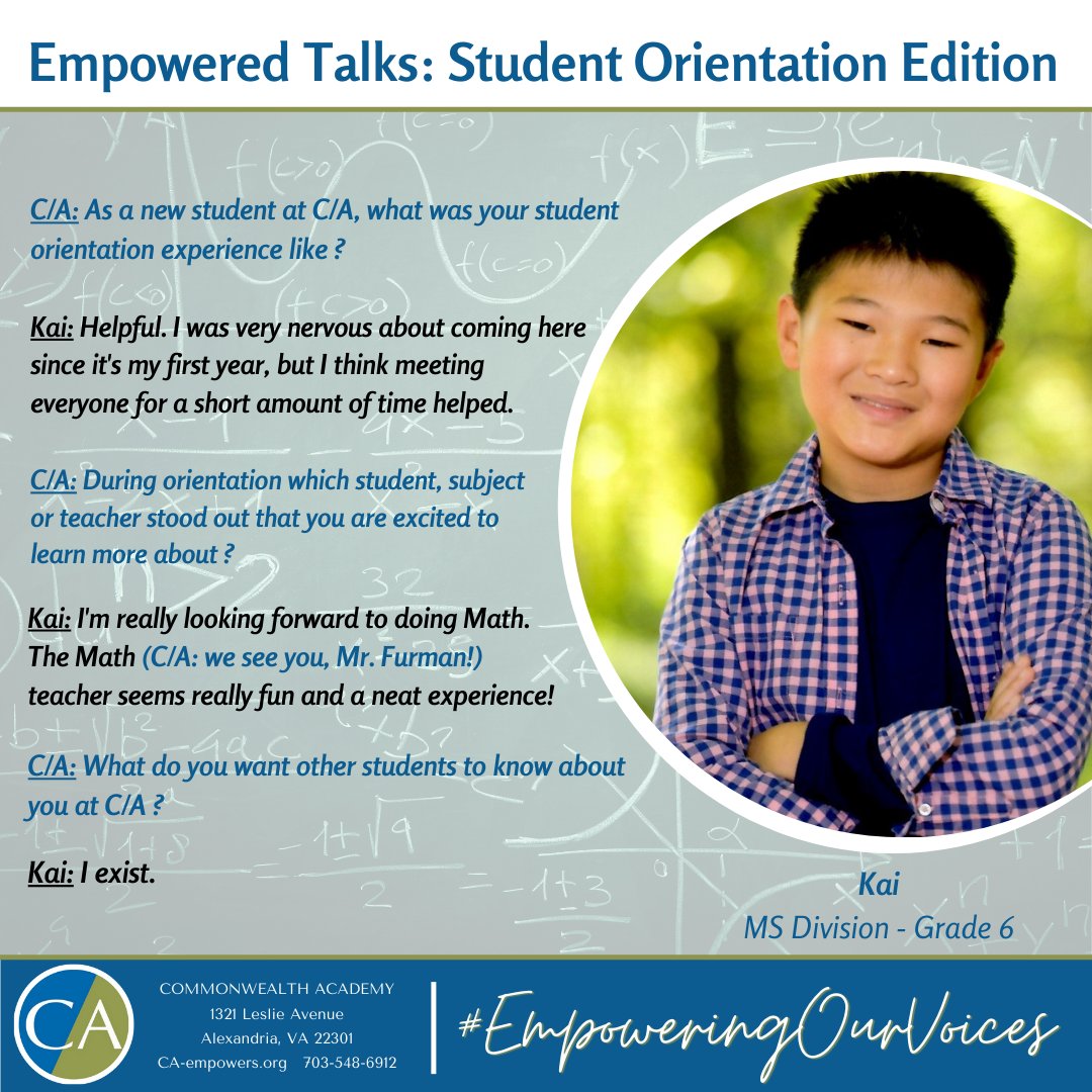 CACougars's tweet photo. C/A Empowered Talks: Student Orientation Edition
Get to know some of our new and returning students as they share with us some of their student orientation takeaways.
#CAempowers #EmpoweringOurVoices #2e #adhd #differentiation
#alexandria #virginia #backtoschool https://t.co/T0L1fD7NFN