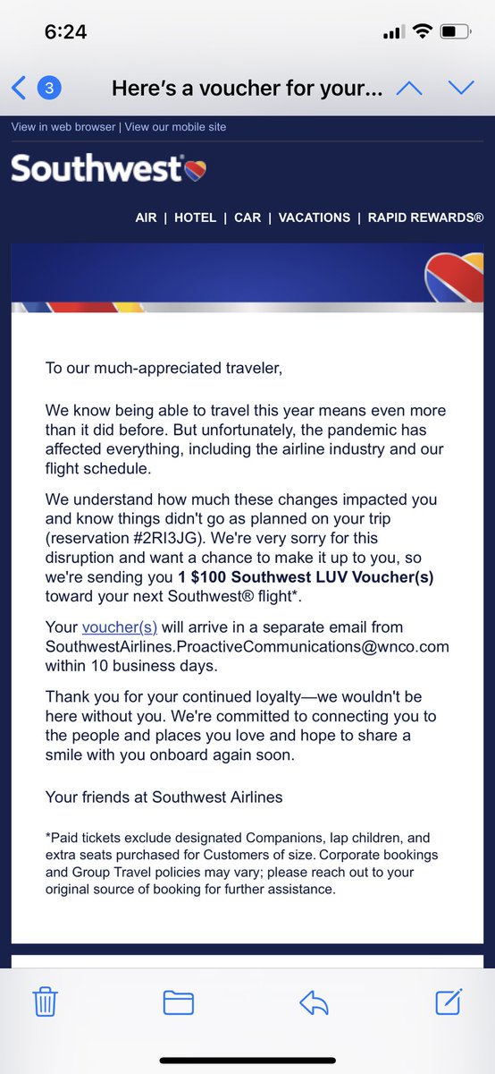 jfryoux1's tweet photo. Here is why Southwest is better than the rest. Sat on a very hot tarmac for over 30 minutes in Phoenix which was unpleasant to say the least. But Southwest more than makes it up right here with this voucher. Wow. Much different than how @AmericanAir would handle it. https://t.co/1ZBO7irDeW