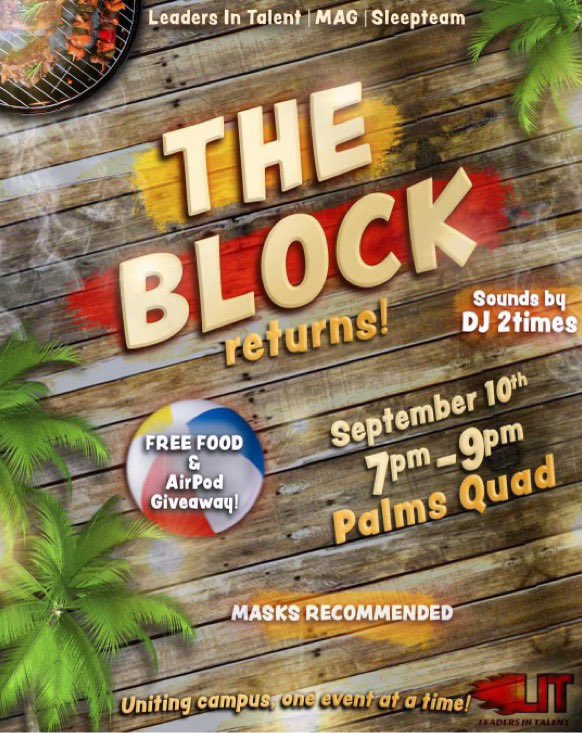 deeeeejjjjaaayy's tweet photo. The Block On Camp Returns🔥 
Sept 10th, This Friday ‼️
Free Food &amp; Free Airpod Give away 🤝
@_sleepteam @LitVsu https://t.co/i8vp1y6VPo