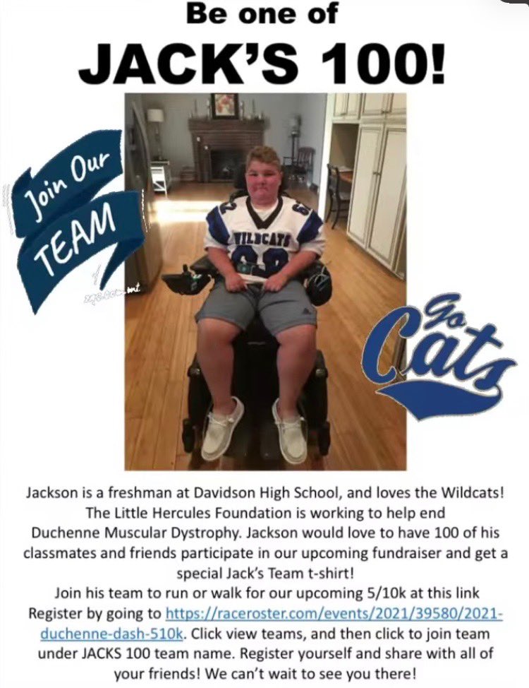 Jackson Maynard is a freshman at Davidson and has Duchenne muscular dystrophy. The goal is to get 100 friends and classmates to join him at the Duchenne Dash 5k on 10/ 3. You can register at the link below and click on view teams! TEAM NAME: Jack’s 100
Raceroster.com/events/2021/39…