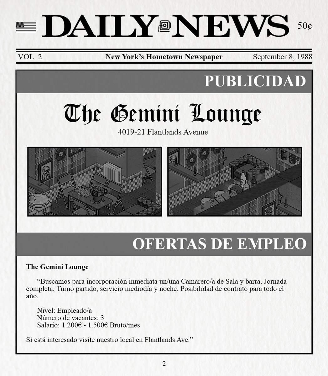 📢 DAILY NEWS: Noticias "La manera Wiseguy"  -   Publicidad y ofertas de empleo: "The Gemini Lounge". | September 8, 1988.