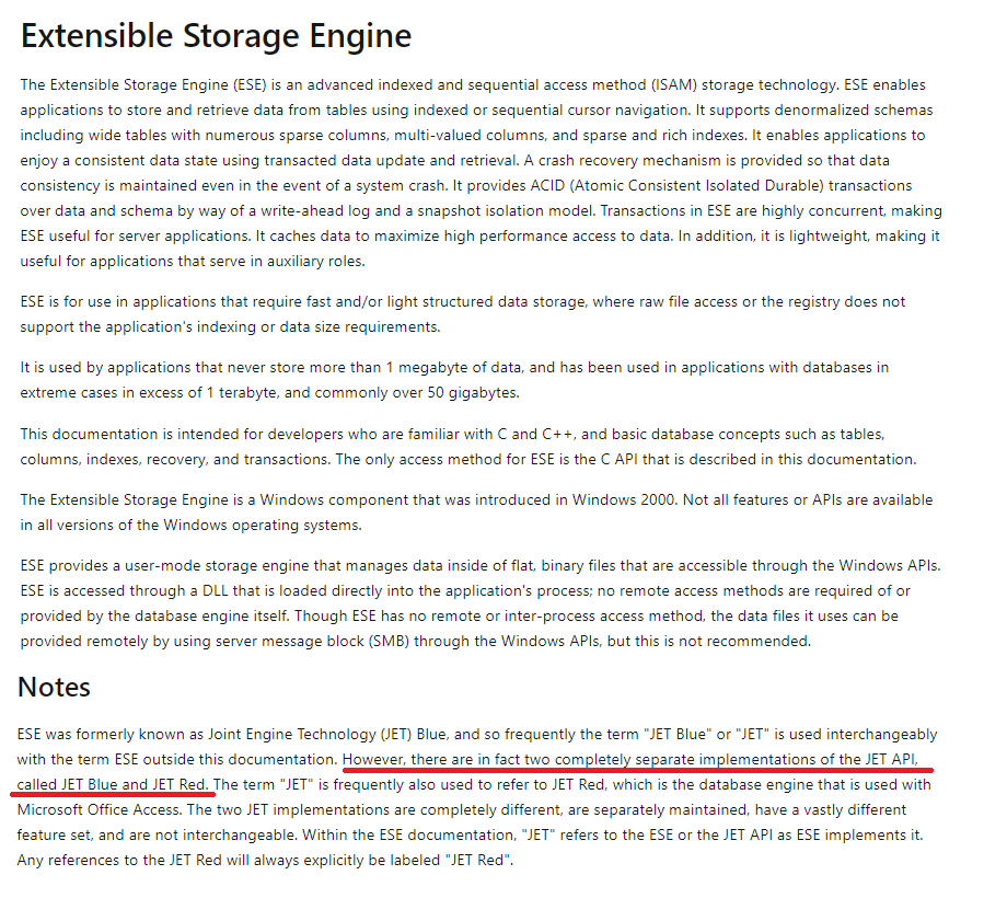 JohnLaTwC's tweet photo. JET is a Microsoft storage technology. 
Access uses JET Red. 
Windows uses JET Blue.  
Redteam uses it to copy the in-use Windows account databases via the esentutl tool.
📎https://t.co/pKnETUD9K5
📎https://t.co/1WEo3YQcDv https://t.co/y5wvhGxGG5