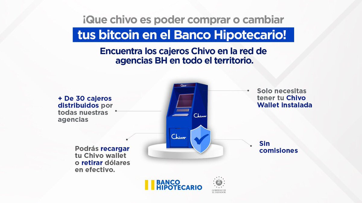 🏦👈 ¡Ya puedes comprar o cambiar tus bitcoins en los +30 cajeros #Chivo  ubicados en nuestras agencias a nivel nacional! 🙌🏻 No olvides: ✓ Sin  comisiones #ChivoWallet #BitcoinDay