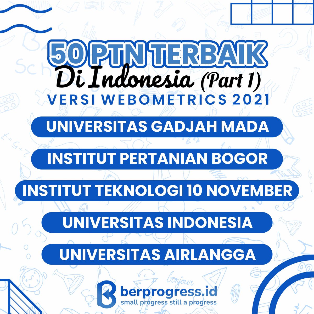 berprogressid's tweet image. HELLO #progresser
Sebelum kamu menentukan pilihan mu untuk melanjutkan di bangku perkuliahan, nih kita dari @berprogress.id mau kasih kalian daftar 50 Perguruan Tinggi Negeri Terbaik Di Indonesia!!

Berikut daftar 50 PTN Terbaik Di Indonesia Part 1.