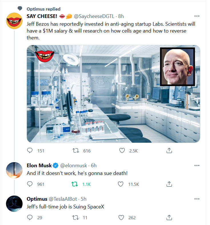 Rey__'s tweet photo. What a day to be alive! 🤣
Check my #PreviousRetweet for the thread, just had to capture this; pre-apocalypse.
#ElonMusk #JeffBezos #teslabot #itson https://t.co/czCW3wFNyE