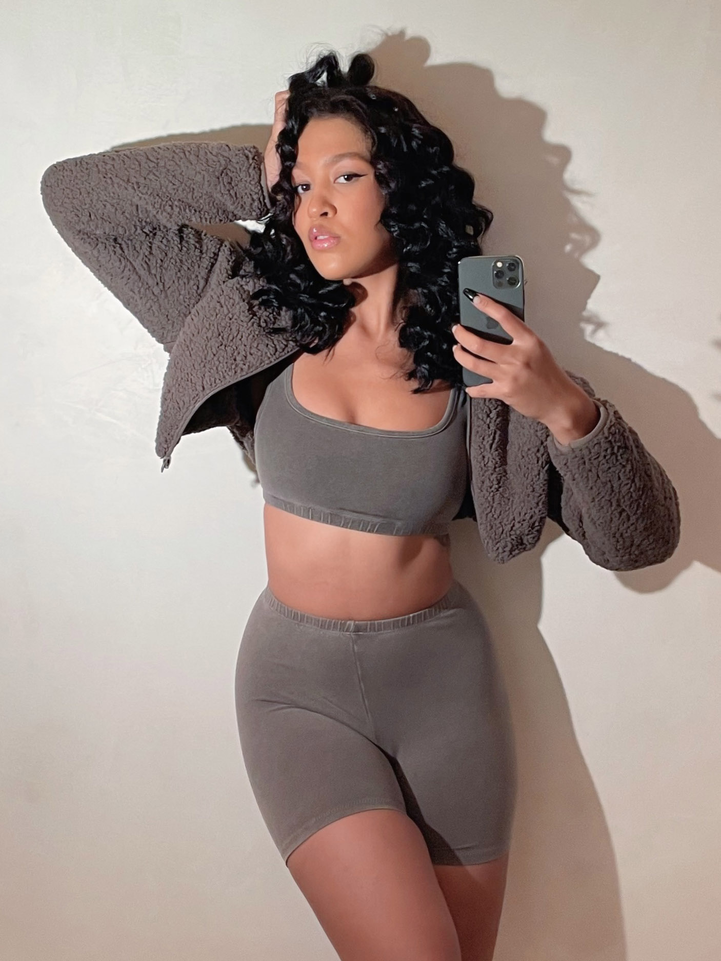 SKIMS on X: Truly makes mixing and matching for fall look so good! She  layers our new snuggly Teddy Zip Up Crop Jacket with our form-fitting  Outdoor Basics styles: the Scoop Bralette