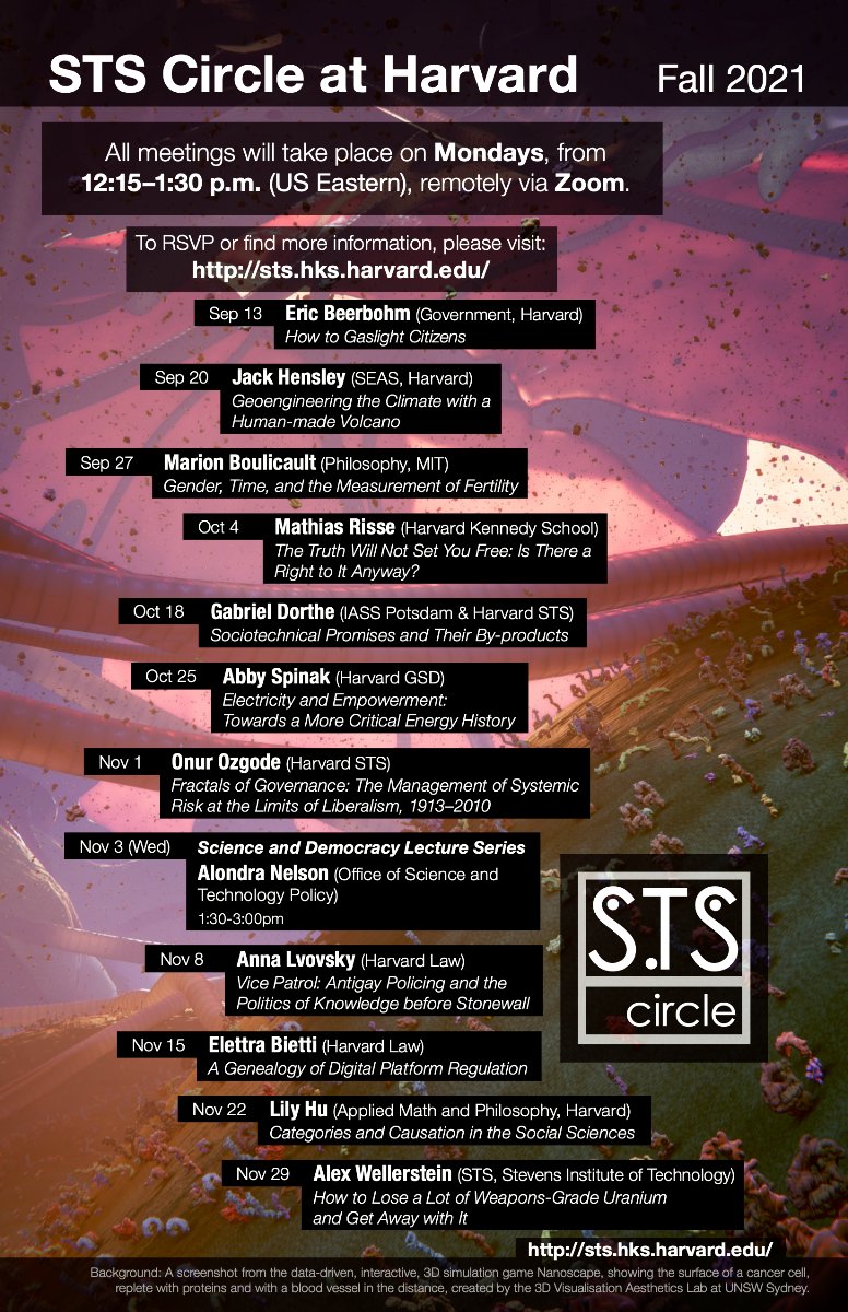 STS Circle is virtual again this semester! Come listen to an exciting line-up of speakers. Here is your like to register for all the talks this semester mailchi.mp/hks/sts-circle…