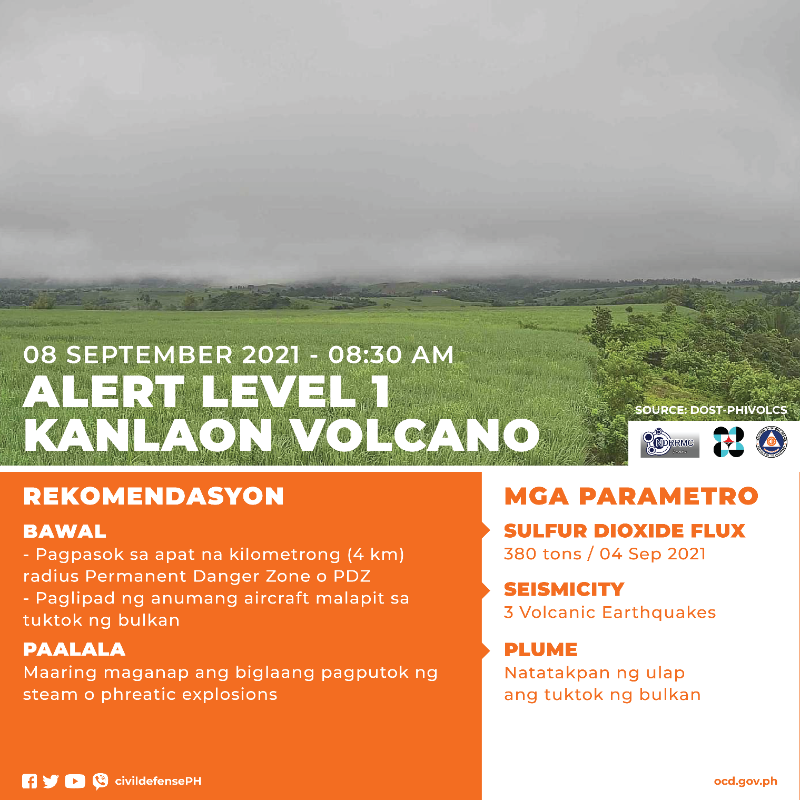 civildefensePH's tweet photo. PHILIPPINE VOLCANOES STATUS UPDATES
SEPTEMBER 08, 2021; 08:00AM

TAAL VOLCANO - Alert Level 2
KANLAON VOLCANO - Alert Level 1
BULUSAN VOLCANO - Alert Level 0
MAYON VOLCANO - Alert Level 0
PINATUBO VOLCANO - Alert Level 0

#VolcanoPH 
#NDRRMC
#CivilDefensePH