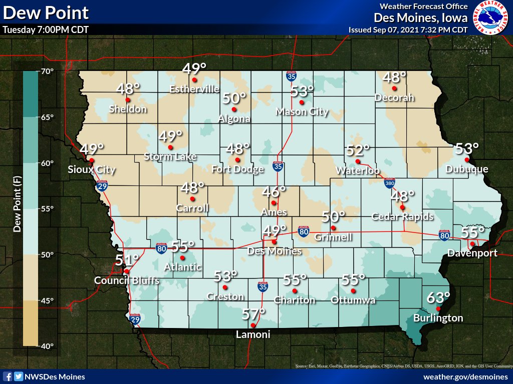 Sep. 7, 2021 7am dewpoints ranging from the upper 40s and low 50s in northern Iowa to the low 60s in southeast Iowa.