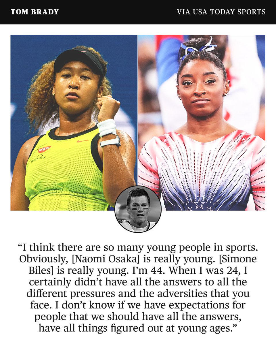 espn's tweet photo. Tom Brady shows support for Naomi Osaka, Simone Biles and other young athletes on how they prioritize mental health. https://t.co/QWemYmLnV4