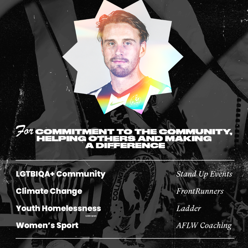 CollingwoodFC's tweet photo. Jordan Roughead is one of four finalists for the 2021 Jim Stynes Community Leadership Award 👏

Roughy is a powerful advocate and leader within the community across four key focus areas including the LGBTIQA+ community, climate action, youth homelessness and women’s sports.