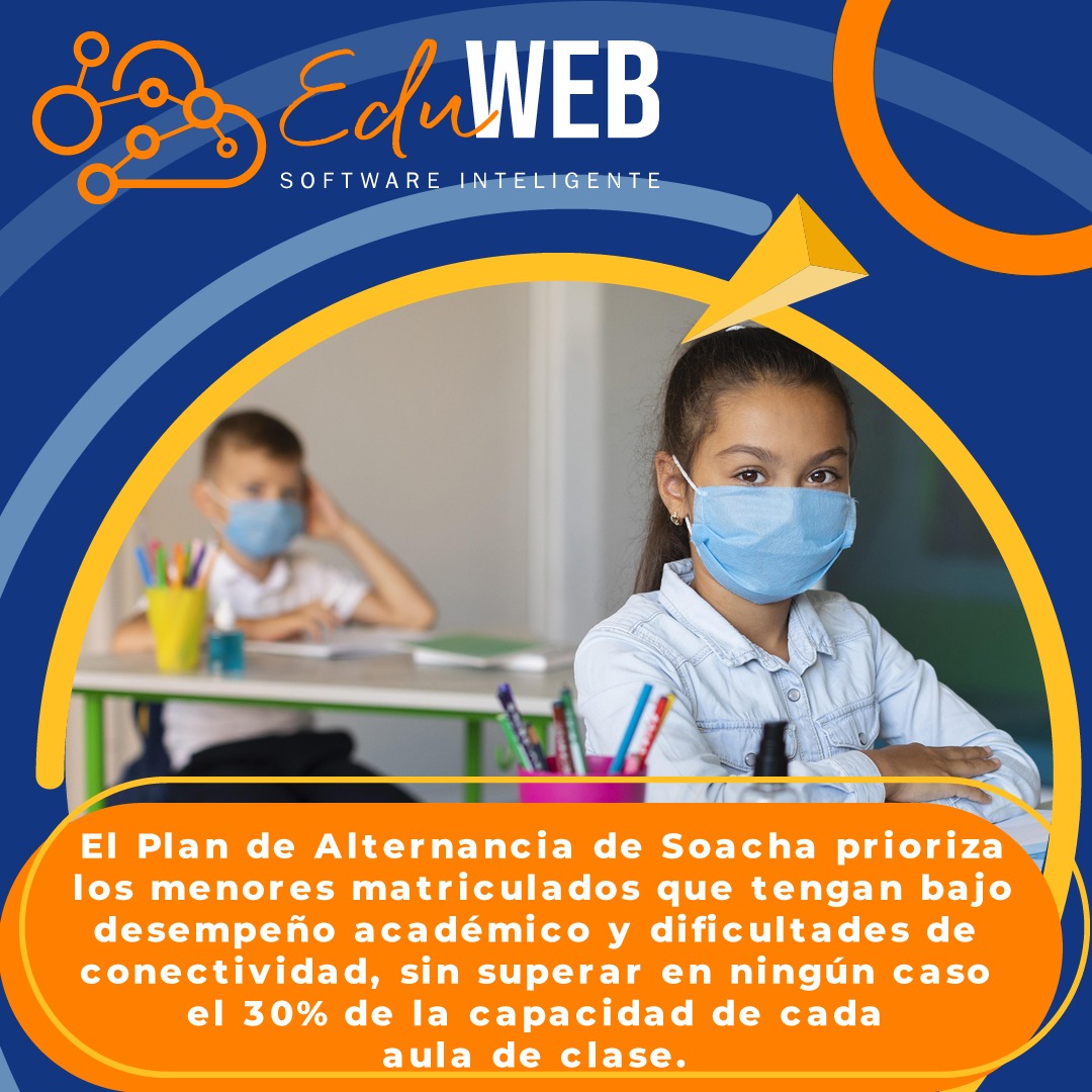 eduweb_software's tweet photo. ¡En Eduweb apoyamos el regreso a clases! 

¿Sabías que? en Soacha, el plan se alternancia prioriza a los menores matriculados que tengan bajo desempeño académico o dificultades de conectividad.
#Alternancia 
#Soacha 
#plataformaacademica 
#GestionAcademica 
#RegresoAClases https://t.co/VtqLgGmVgA