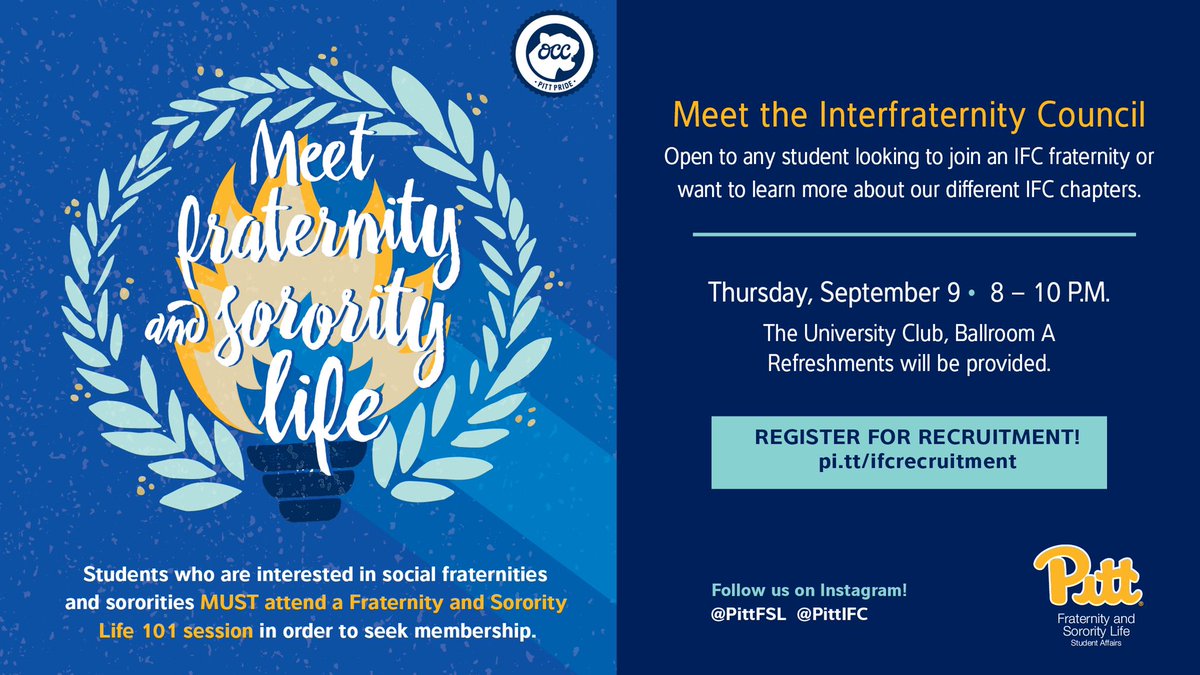 PittHolland's tweet photo. Meet the IFC council and learn more about Greek life! Reminder that you must attend a FSL 101 session to be recruited! Upcoming FSL 101 Sessions: 9/8 @ 4pm, 9/10 @ 2pm, 9/13 @ 9pm @Pitt_FSL https://t.co/KWHSmebDuD