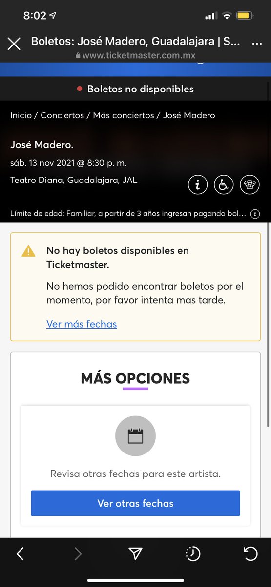 MichelleRioos's tweet photo. @jose_madero por qué en el sitio web de @Ticketmaster_Me salen los boletos del show en Guadalajara cómo no disponibles? Ya está sold out? 🥲 https://t.co/WQHALl8Xj6